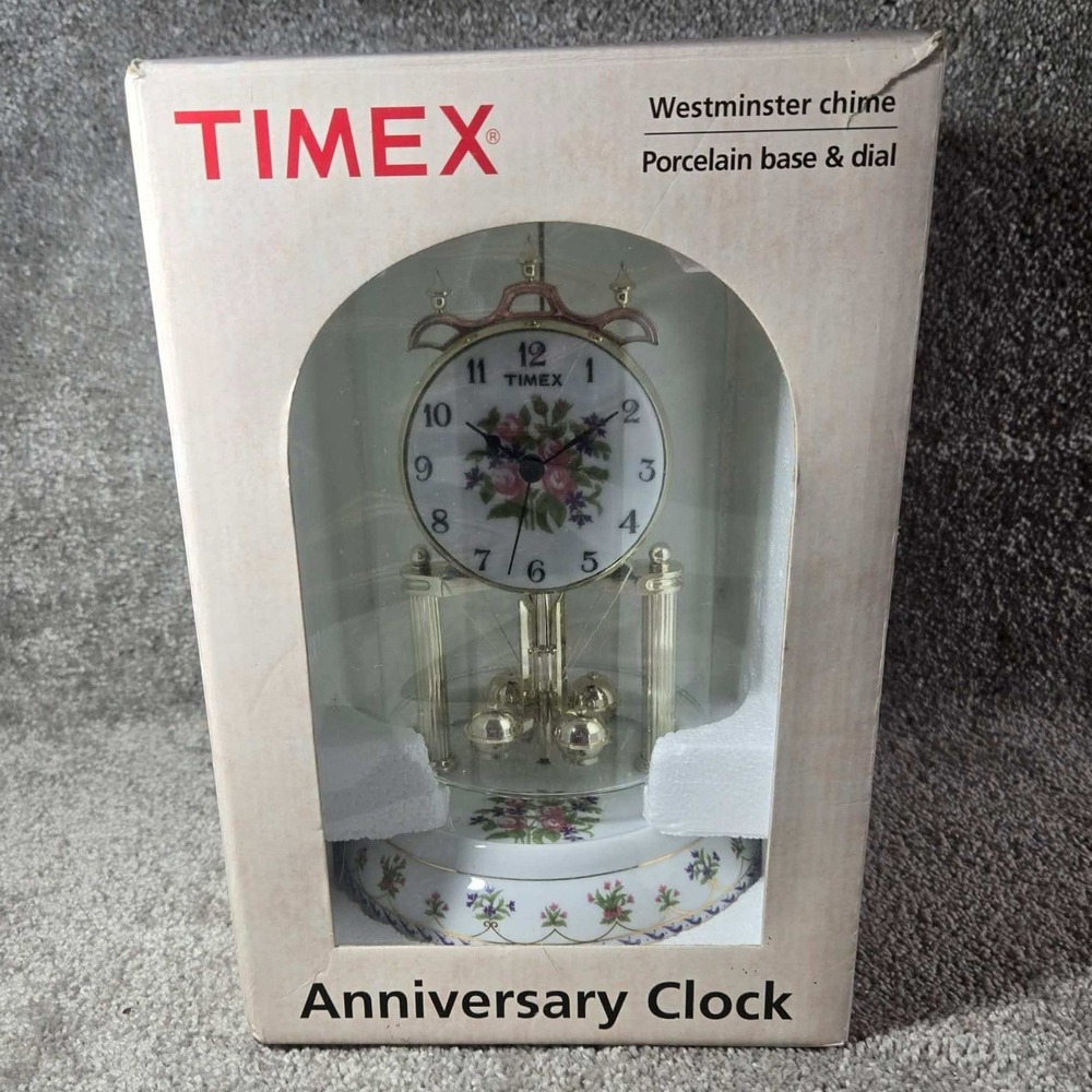 Timex Anniversary Clock White Floral Porcelain Glass Dome Westminster Chime